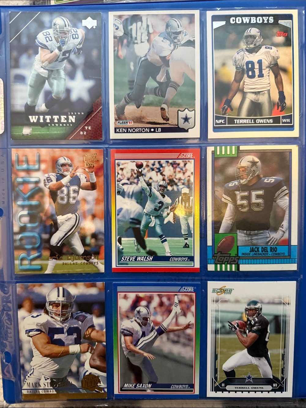 NFL Blue Trading Card Page with Dallas Cowboys Cards